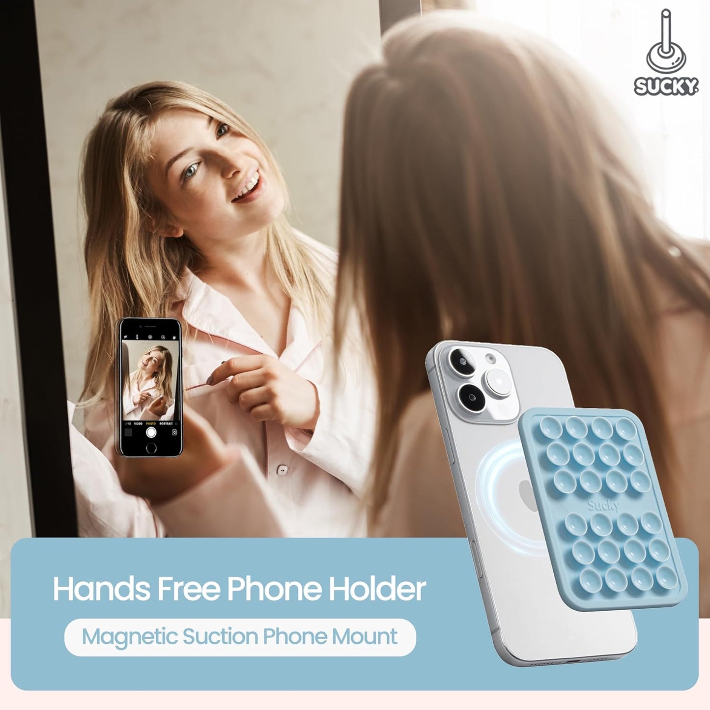 SUCKY Magnetic Suction Cell Phone Grip for MagSafe Case, Silicone Octo Cup Buddy Holder, Hands-Free Removable Mount, Durable Magnet Phone Accessory for iPhone and Android - Baby Blue