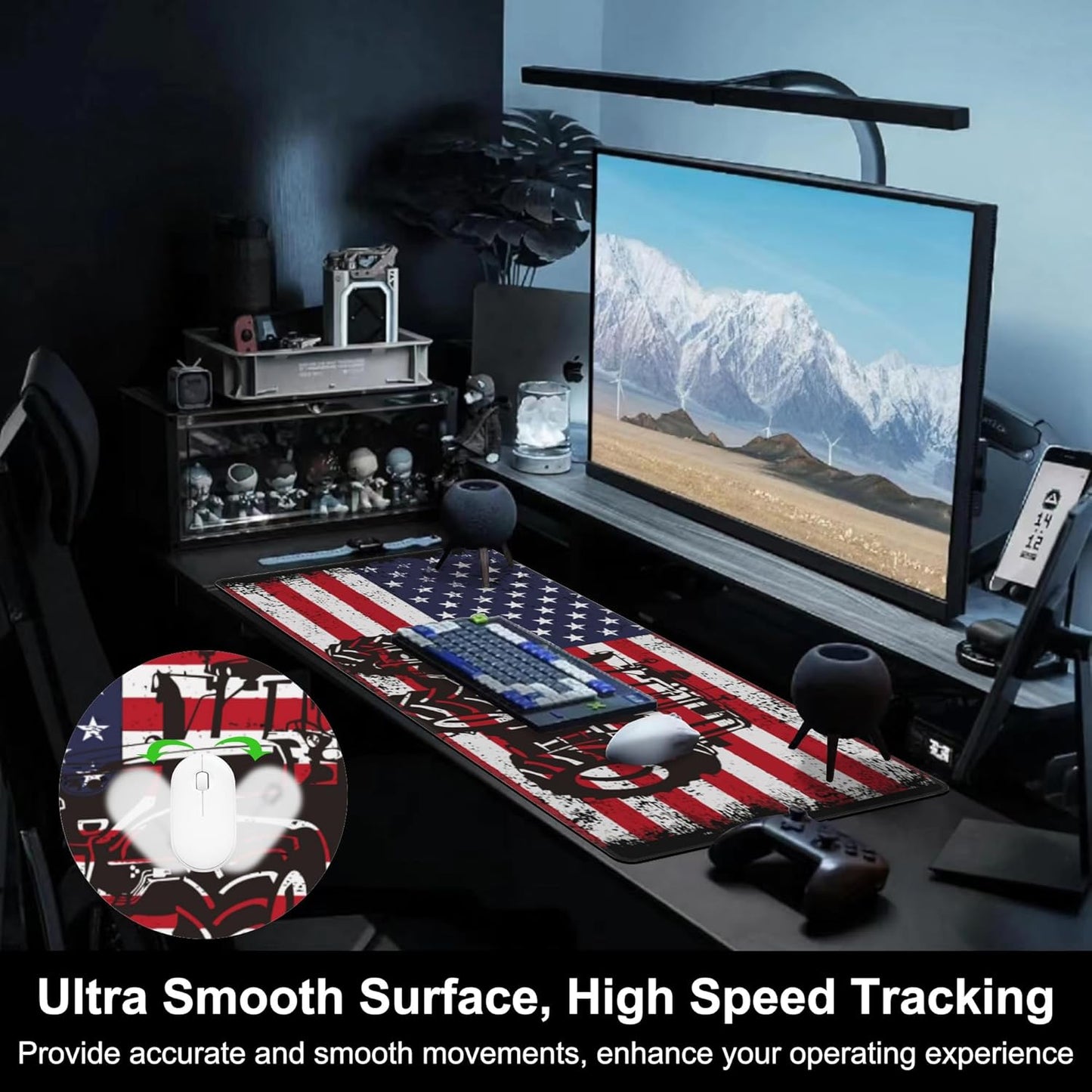 Mouse Pad, Large Vintage USA Flag with Tractor Desk Mat, Extended Non-Slip Gaming Keyboard Mousepad Desk Pad, Thick Stitched Edges Waterproof Mouse Mat 31.5"x15.7" (Retro American Flag)