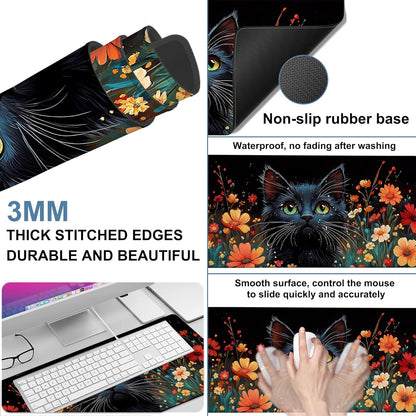 Black Cat and Flowers Gaming Mouse Pad 3mm Thick Stitched Edge Waterproof Non-Slip Large Computer Keyboard Mouse Mat,Suitable for Office Entertainment Decorative Desk Pad 35.4 x 15.7 Inches