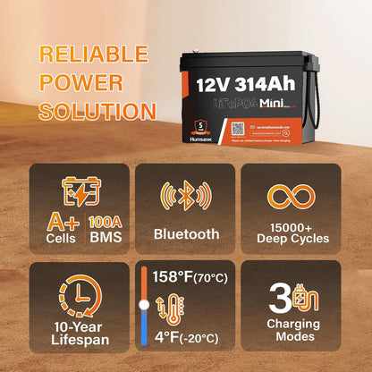 4 PCS Bluetooth 12V 314Ah LiFePO4 Lithium Battery MINI, Max. 4190Wh Energy, EV A+ Cells, Built-in 100A BMS, 15000 Deep Cycles Battery with Low-Temp Protection for RVs, Solar System, Off-Grid