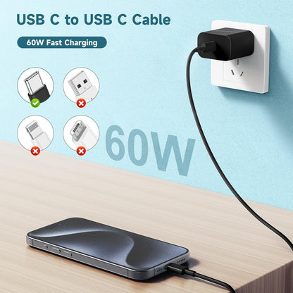[3+6+10FT] 60W USB C to C Cable 3Pack iPhone 15 Fast Charging Cable,USB-C to USBC Power Cord for iPhone 15/15 Pro/15 Plus/15 Pro Max,MacBook Pro Air/IPad Air 4/5/iPad Pro 12.9/11(Black)