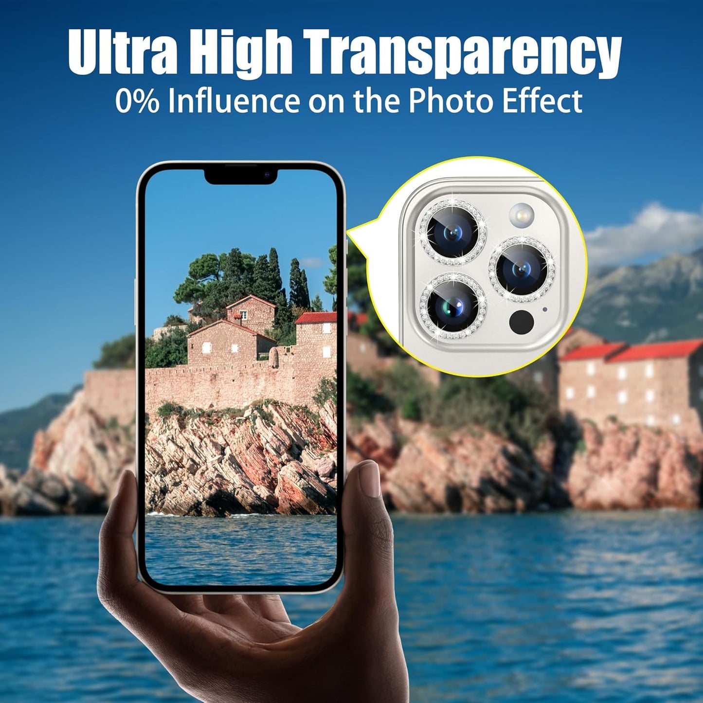 AGVEE 3+3 6 Pack for iPhone 15 Pro 6.1" / 15 Pro Max 6.7" Camera Lens Cover Protector, Bling Diamond & Bling Glitter Metal Ring 9H Tempered HD Glass Camera Cover Protector Film, Bling-Natural