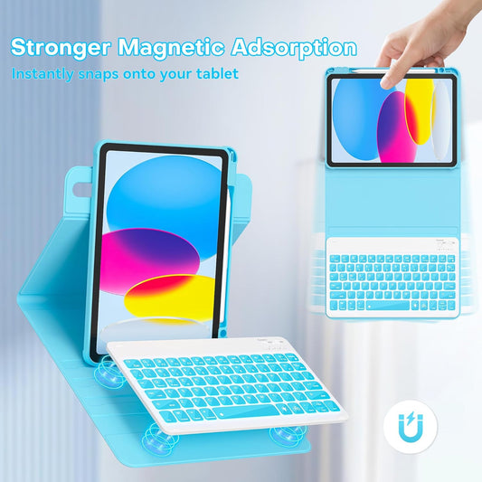 YBING Keyboard Case for iPad 10th Gen 10.9 inch(2022) & 11th Gen(A16, 2025), 360 Rotation Magnetic Cover with 7-Color Backlit Wireless Detachable Keypad with Pencil Holder for iPad 11th/10 Gen (Blue)