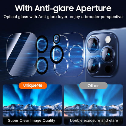 UniqueMe Compatible for 3 Pack iPhone 15 Pro/iPhone 15 Pro Max Camera Lens Protector, [Drop Protection] [Case Friendly] 9H Tempered Glass Camera Cover Screen [New Version]