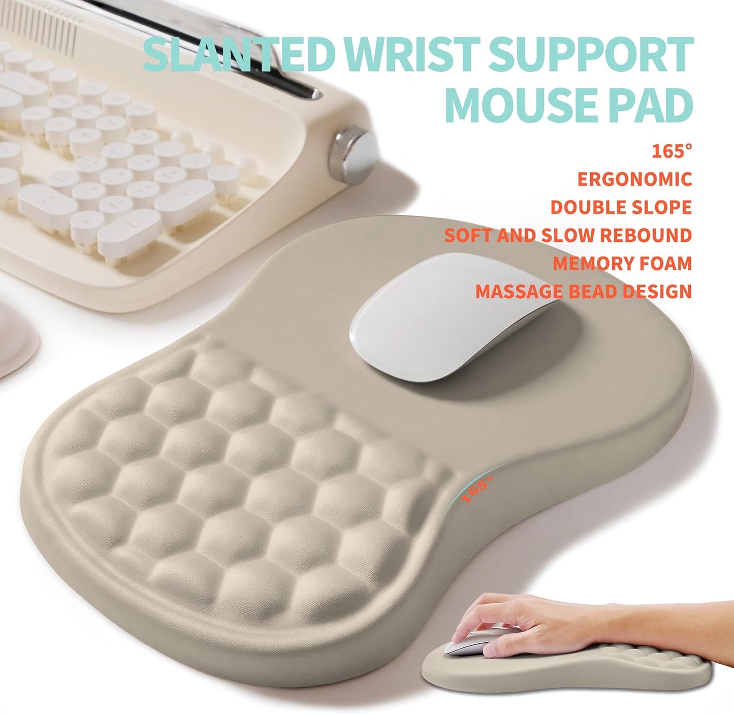 2-in-1 Ergonomic Set, Wave Rise Keyboard Wrist Rest and Massage Bulge Slope Mouse Pad Wrist Support, Cushion Memory Foam Integrated to Relieve Wrist Pain, Apricot