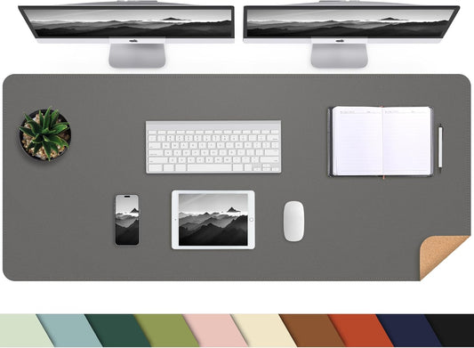 Leather Desk pad Protector, Large Desk mat with Natural Cork & PU Leather,Mouse pad,Non-Slip Office Desk Mat,Waterproof Desk Writing Pad for Office and Home (47in*23.7in,Dark Grey)