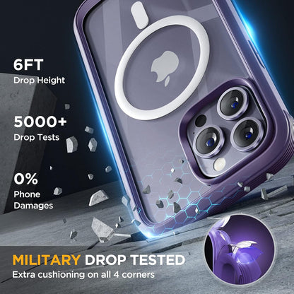 Miracase Magnetic for iPhone 14 Pro Case 6.1 inch, (Compatible with MagSafe) Upgrade Full-Body Clear Phone Bumper Case with Built-in 9H Tempered Glass Screen Protector, Magnetic Purple