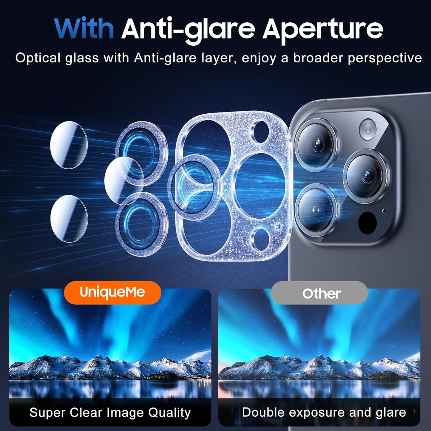 UniqueMe for 3 Pack iPhone 15 Pro/iPhone 15 Pro Max Camera Lens Protector, [Drop Protection] [Case Friendly] Camera Cover Screen [Update New Version] - Intergrated Glitter Blue