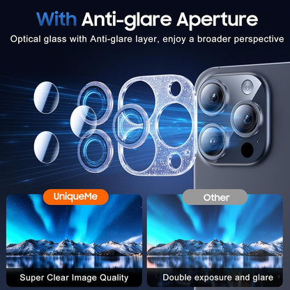 UniqueMe for 3 Pack iPhone 15 Pro/iPhone 15 Pro Max Camera Lens Protector, [Drop Protection] [Case Friendly] Camera Cover Screen [Update New Version] - Intergrated Glitter Blue
