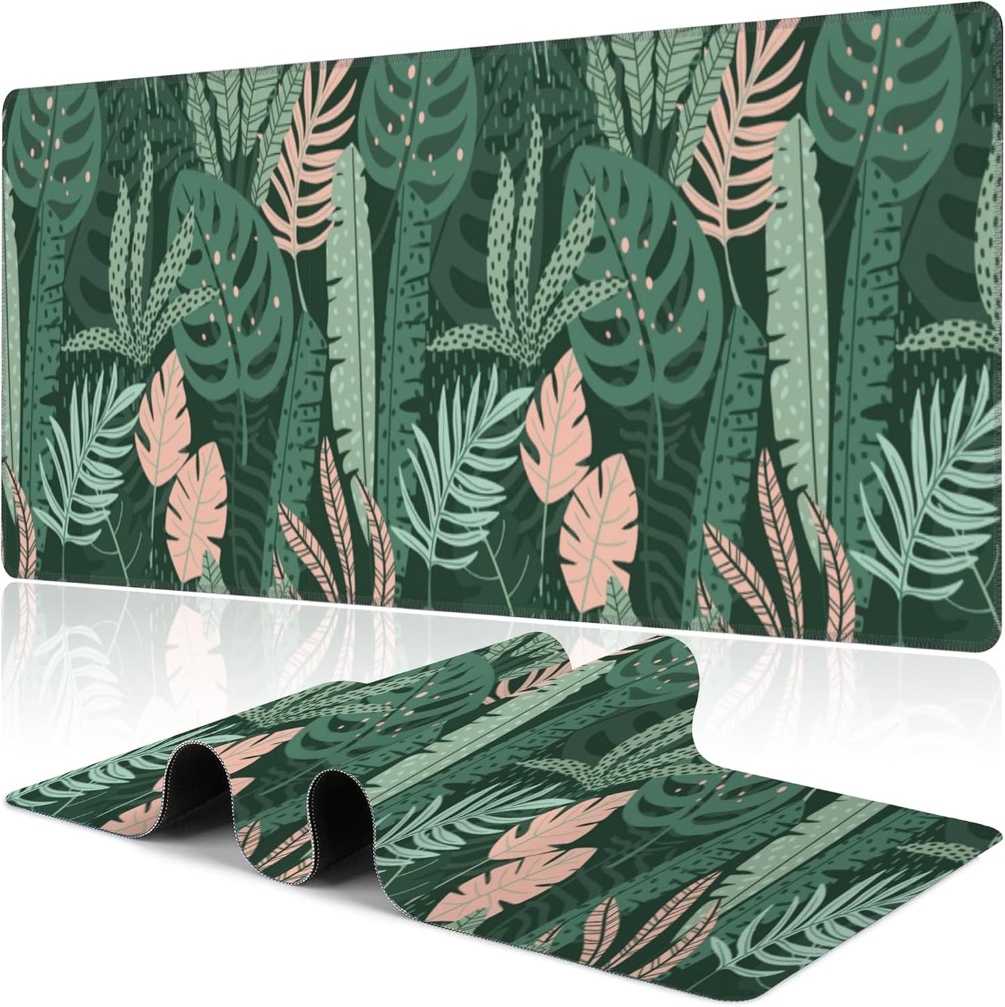 Tropical Plants and Leaves Desk Mat,Large Tropical Palm Leaves Gaming Keyboard Mouse Pad,Non-Slip Rubber Base Desk Pad Thick Stitched Edges Waterproof Mousepad Mouse Mat 31.5"x11.8"