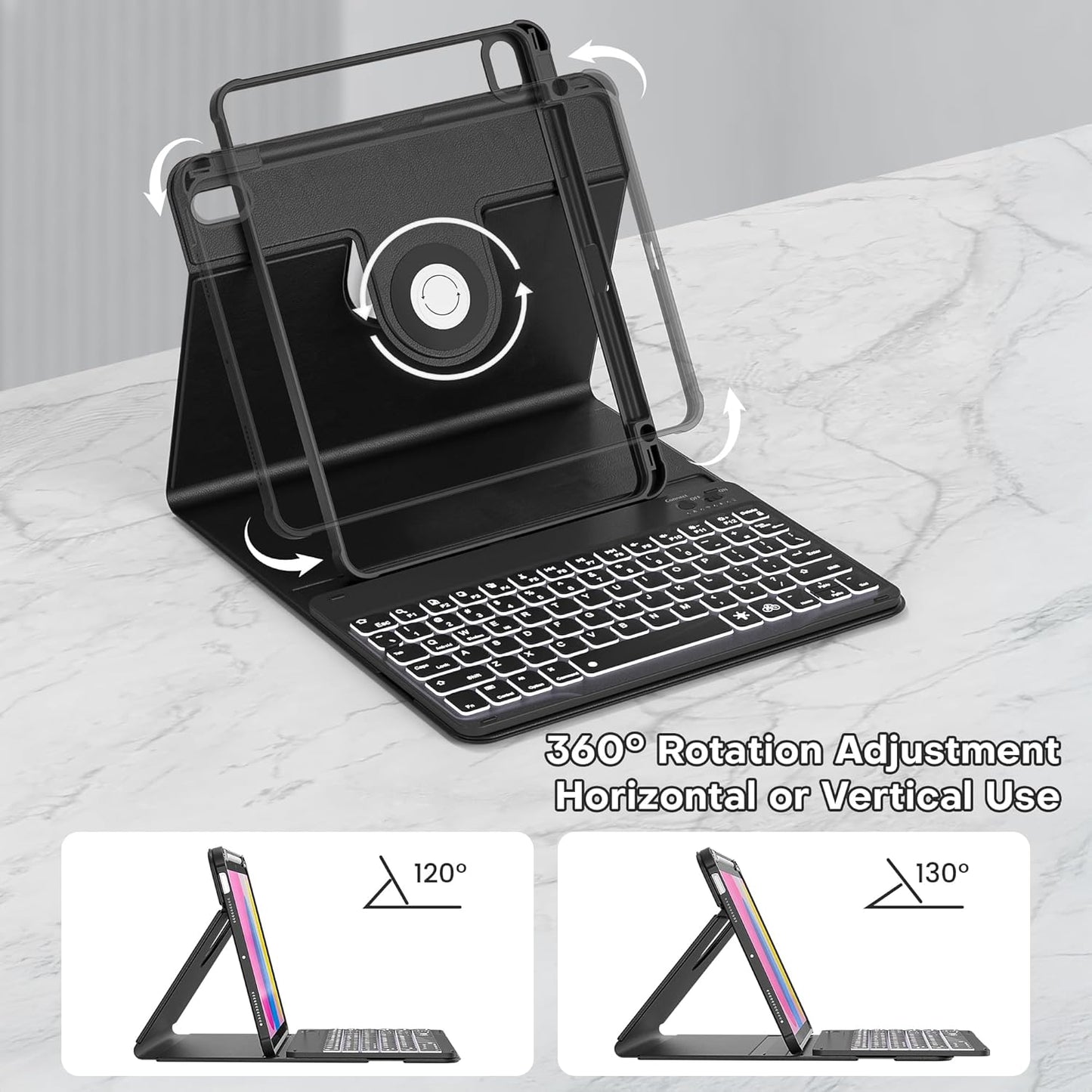 YBING for iPad A16 Case with Keyboard 11th &10th Generation, 360 Rotation Magnetic Cover with 7-Color Backlit Wireless Detachable Keypad with Pencil Holder for iPad 11th 2025/10 Gen 10.9" 2022 (Black)