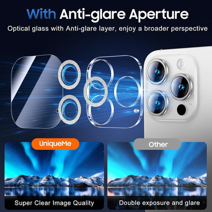 UniqueMe for 3 Pack iPhone 16 Pro/iPhone 16 Pro Max Camera Lens Protector - [Drop Protection] [Case Friendly] 9H Tempered Glass Camera Cover Screen [Update New Version] - Glitter Silver