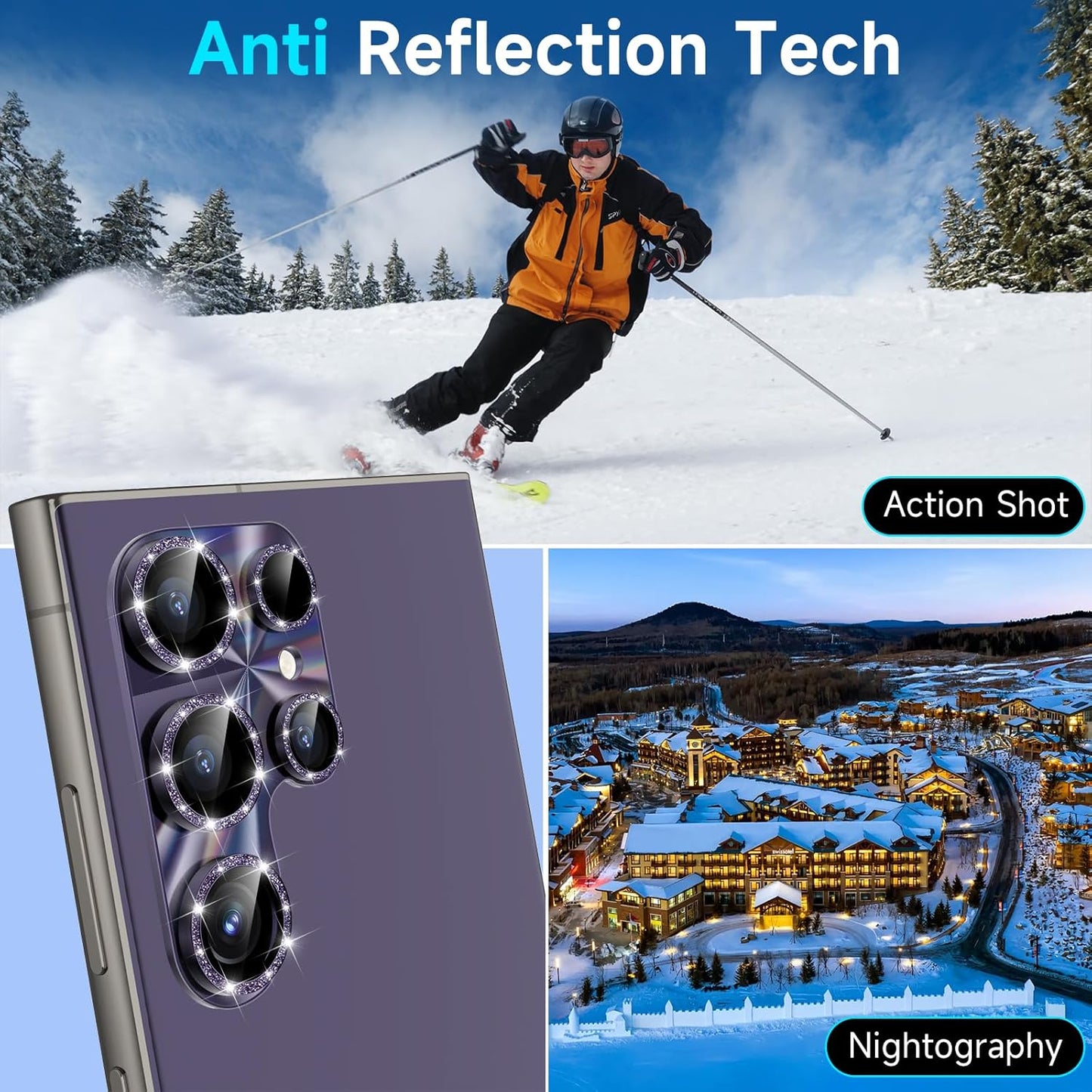 YWXTW Camera Lens Protector for Samsung Galaxy S24 Ultra, [Lithography Laser Gradient] [5X Strengthen] Bling Glitter Tempered Glass Screen Protector Metal Ring Camera Lens Cover (Titanium Violet)