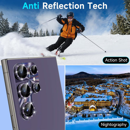 YWXTW Camera Lens Protector for Samsung Galaxy S24 Ultra, [Lithography Laser Gradient] [5X Strengthen] Bling Glitter Tempered Glass Screen Protector Metal Ring Camera Lens Cover (Titanium Violet)