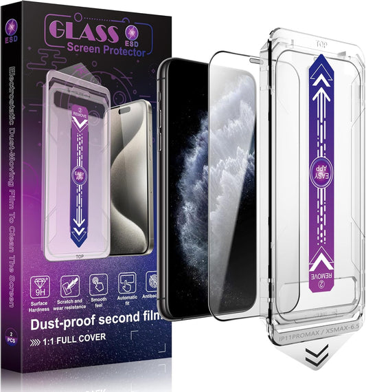 2 Pack Screen Protector Tempered Glass for iPhone 11 Pro Max and iPhone Xs Max 6.5-Inch Auto Dust Removal, No Bubbles, High Definition Clear, Easy Installation