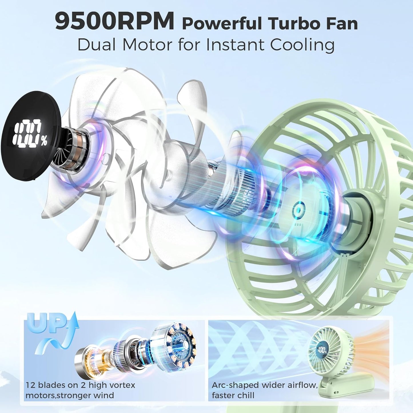 Portable Handheld Fan, 5000mAh Rechargeable Battery, Max 15H Cooling, 4 Speeds, LED Display, Foldable Design, 3-IN-1 Personal Pocket Fan with lanyard for Travel Outdoors Makeup Concert Commute