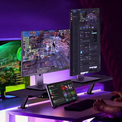 AVLT Clamp Desk Shelf Dual 32" Monitor Riser With Slide-out Holder for Convertible Laptop, Tablet, Smartphone (Black) - Floating Stand (Clamp-On Shelf Only)