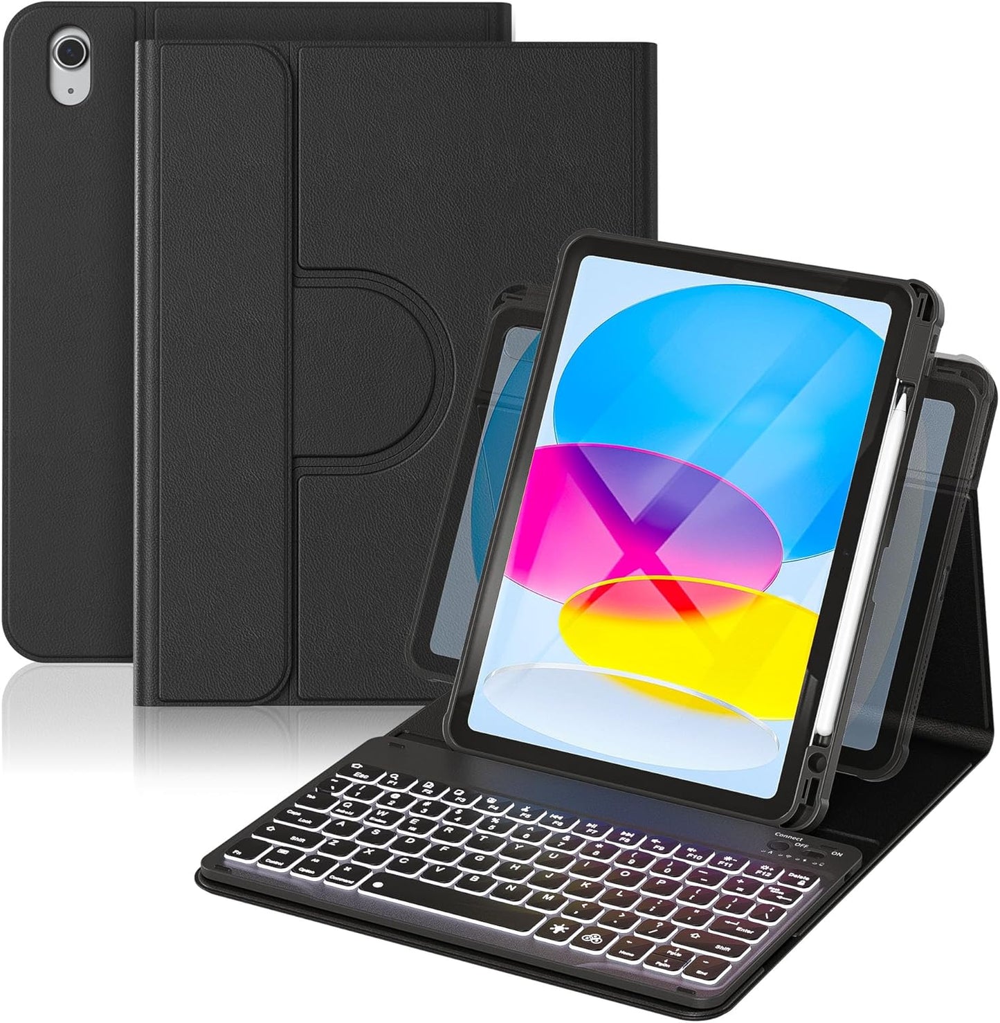 YBING for iPad A16 Case with Keyboard 11th &10th Generation, 360 Rotation Magnetic Cover with 7-Color Backlit Wireless Detachable Keypad with Pencil Holder for iPad 11th 2025/10 Gen 10.9" 2022 (Black)