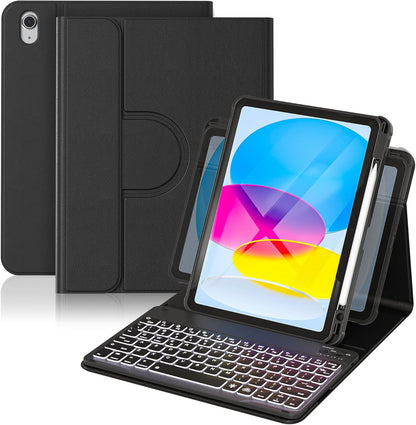 YBING for iPad A16 Case with Keyboard 11th &10th Generation, 360 Rotation Magnetic Cover with 7-Color Backlit Wireless Detachable Keypad with Pencil Holder for iPad 11th 2025/10 Gen 10.9" 2022 (Black)