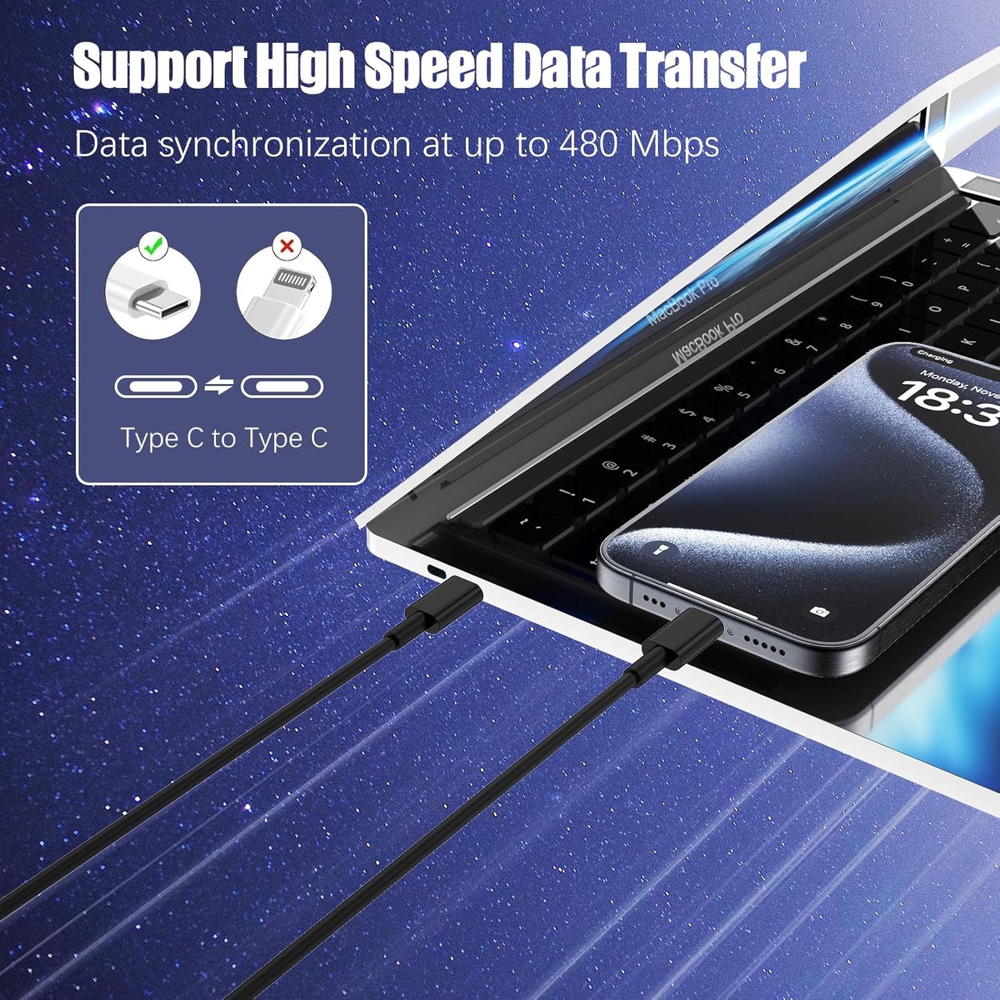 3-Pack Black 6.6FT 60W USB C to USB C Cable, Type C to Type C Cable,Fast Charging Cable for iPhone 16 15 Pro Plus Pro Max，for Galaxy S24 S23, for iPad Pro/Air, for MacBook Pro/Air and More