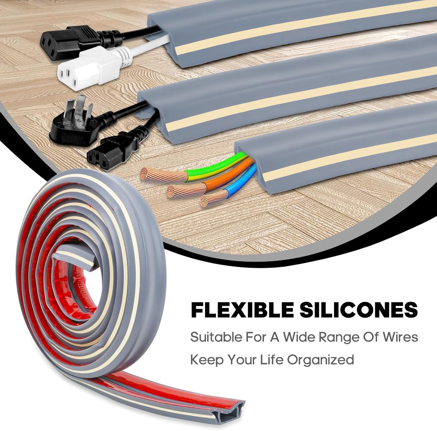 10ft Large Grey Floor Cord Cover, Self-2" (W) x 0.6"(H), Cable Cavity:0.8"(W) x 0.4"(H), Adhesive Power Cable Protector, Silicone Cord Protector, Cord Management, Cord Concealer and Cable Hider