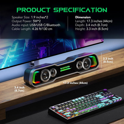 Black Shark BS-SP1 Bluetooth Computer Speakers for Desktop, 5 Colorful Lights Gaming PC Speaker with Stereo Sound, USB C/USB Powered Sound-bar for Computer Desktop PC Monitor Laptop