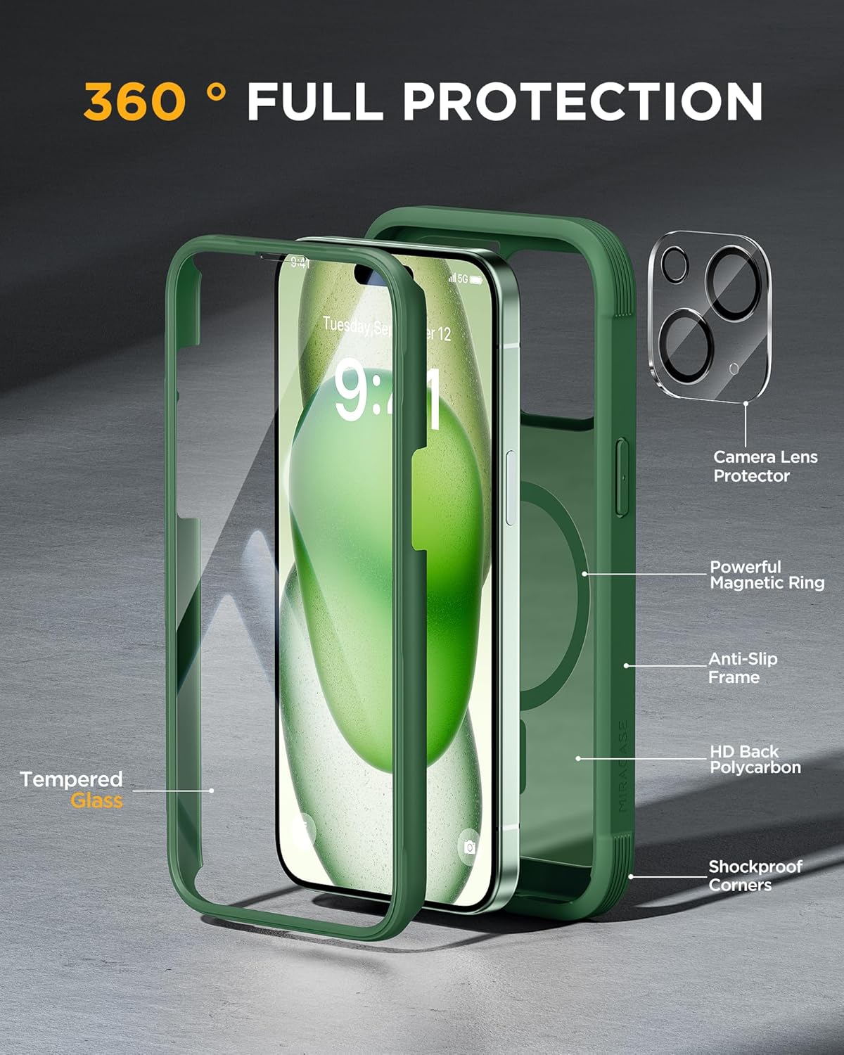 Miracase Glass Series for iPhone 15 Case [Compatible with MagSafe] Full-Body Magnetic Case with Built-in 9H Tempered Glass Anti-Fingerprint Screen Protector + Camera Lens Protector, Matte Green