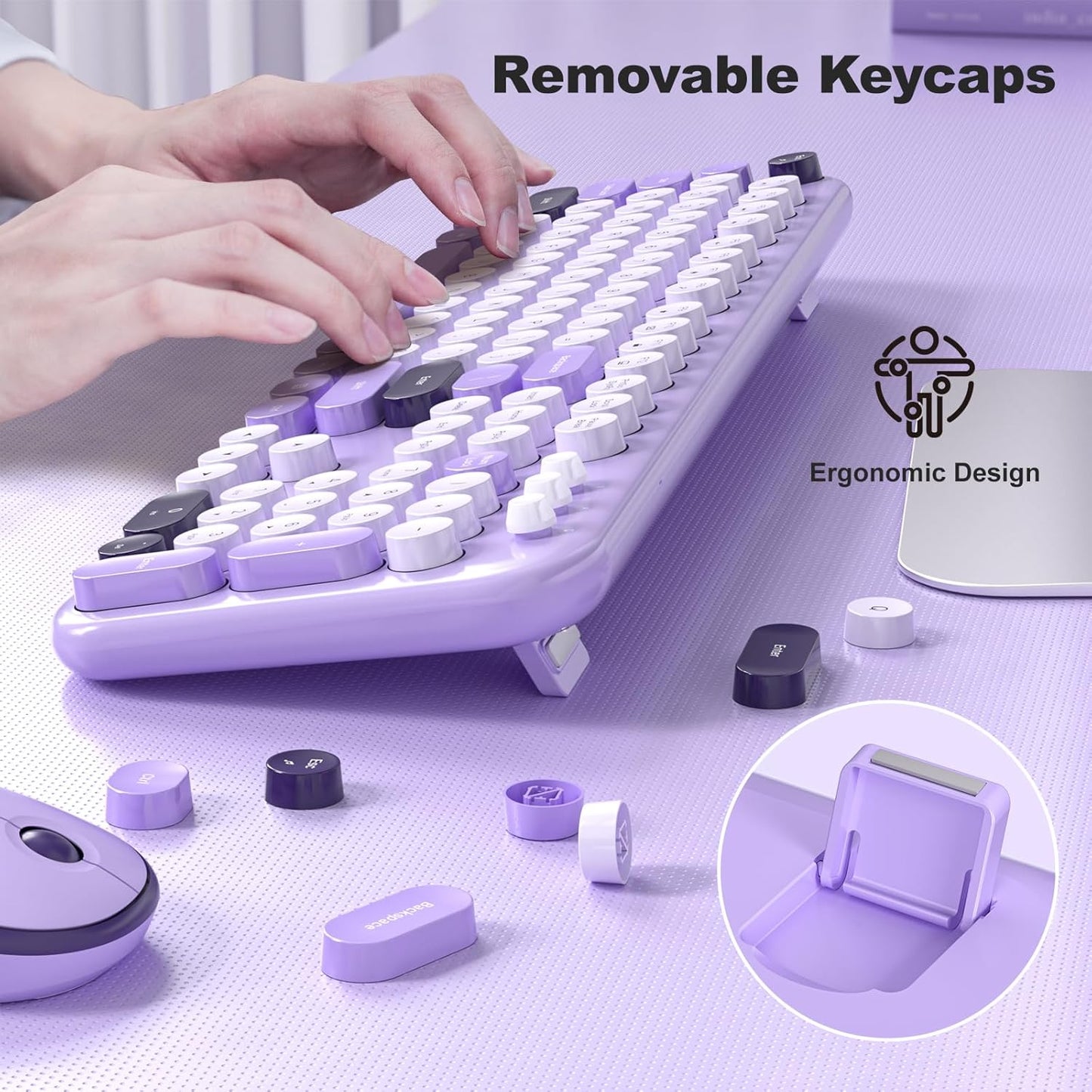 KNOWSQT Wireless Keyboard and Mouse Combo - Lovely Violet Rainbow Full-Sized Typewriter Colorful Keyboards, Round Keycap USB Plug Play Retro Cute Keyboards for Windows, Laptop, PC, Desktop, Computer