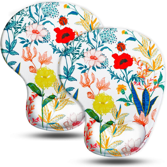 JIKIOU Mouse Pad, 2 Pack Ergonomic Mouse Pads with Comfortable Gel Wrist Rest Support and Smooth Cloth, Non-Slip PU Base for Easy Typing Pain Relief Durable and Easy to Clean Small White Flowers