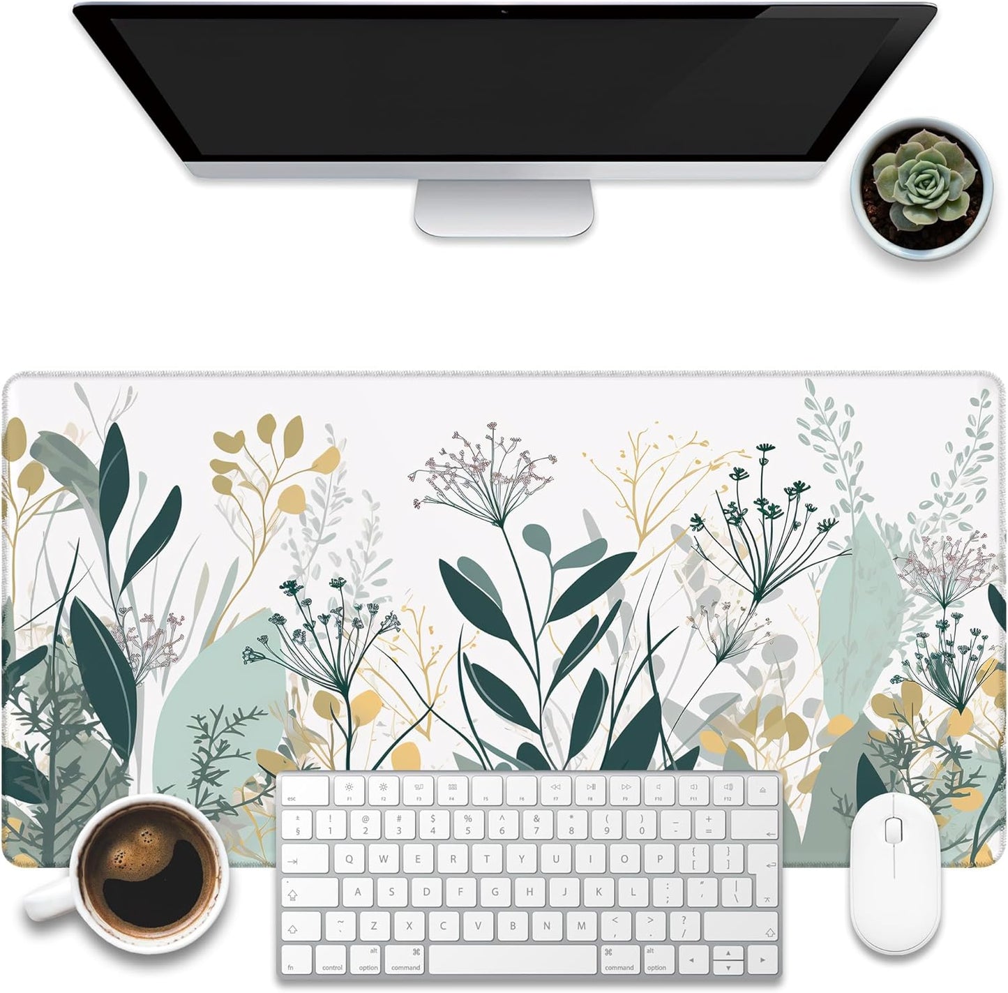Desk Mat, Green Gold Plant Leaves Desk Pad, Wildflowers Large Gaming Mouse Pad for Desk, 31.5"x15.7" Extended Big Computer Keyboard Mouse Pad with Non-Slip Base and Stitched Edge