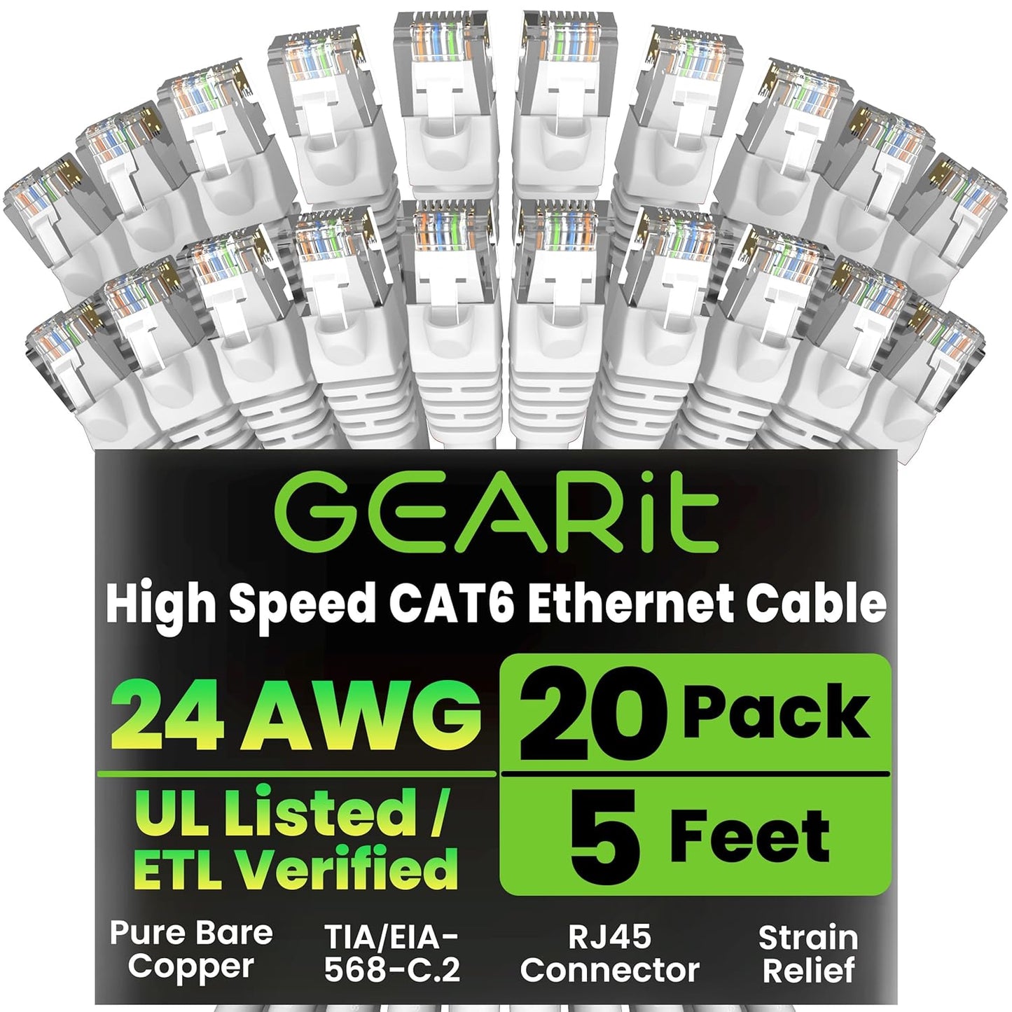 GEARit Cat 6 Ethernet Cable (20-Pack 5 Feet) Cat6 Network Patch, 10Gbps, RJ45, Snagless Cord, Gold-Plated Connectors, Internet for PC, TV, Tablet, Router, Printer, Servers, IT Data Center - White