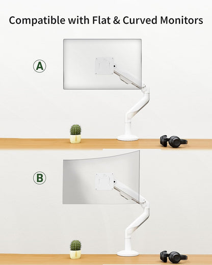Ultrawide Single Monitor Mount, Adjustable Gas Spring Monitor Arm for 17 to 49 inch Screens, 75/100 Vesa Mount with C-Clamp and Grommet Base, White