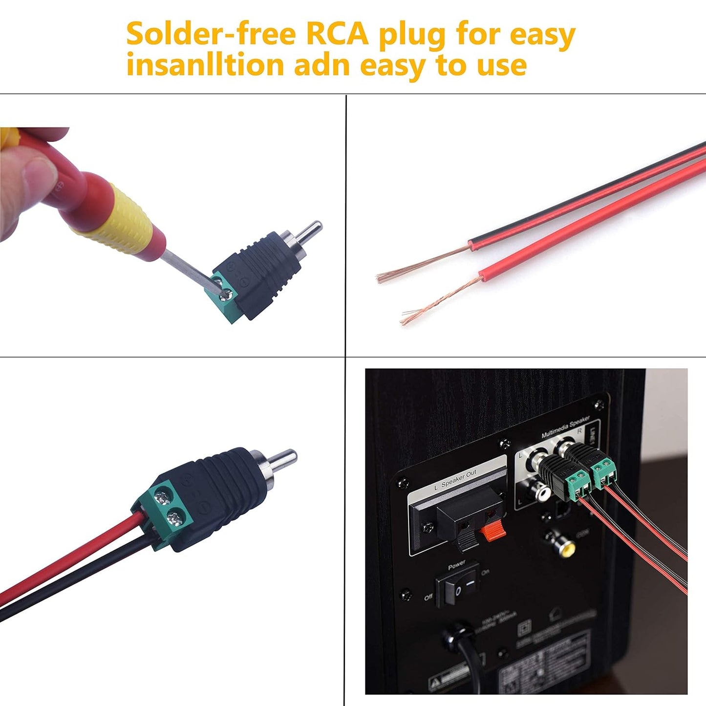 RCA Plugs for Speaker Wire，RCA to AV Screw Terminal Connector, Phono RCA Male Plug Solderless Converter Audio/Video Speaker Wire Connectors Solderless Adapter