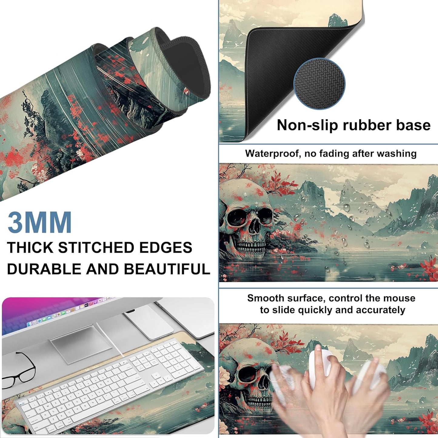 Gaming Desk Pad Large Extra Length Evil-Looking Skull Mouse Pad Keyboard Laptop Non-Slip Waterproof with Rubber Base Thick Stitched Edge Mouse Mat for Office Home 35.4 x 15.7 Inches