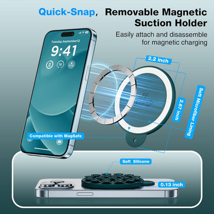 Magnetic Suction Cup Phone Mount for MagSafe Case, Silicone Hands-Free Phone Grip Holder for iPhone and Android, Mirror Shower Phone Stand for Makeup FaceTime Gym Kitchen Bathroom, Dark Green