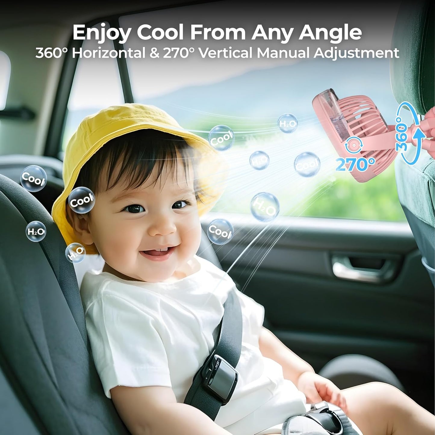 Misting Baby Stroller Fan, 4000mAh Rechargeable Battery Operated, 270°Pivoting, 15H Cooling,50ml Portable Water Sprayer Misting Fan with Flexible Tripod Clip on Car Seat Crib Treadmill Bunk Bed