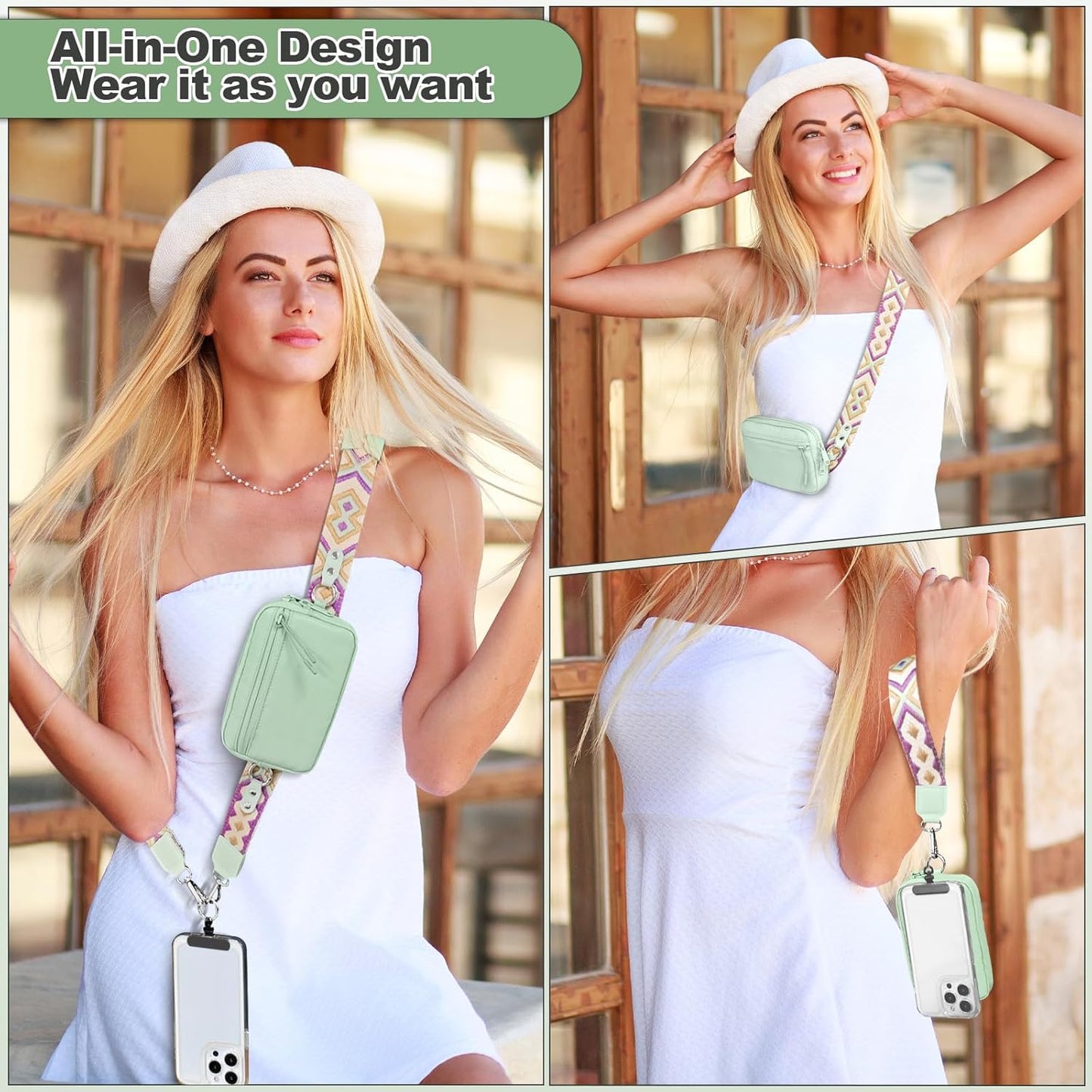 Clip and Go Strap for Phone with Wallet Crossbody, Adjustable Phone Lanyard with Detachable RFID Wristlet Wallet, Pattern Strap, Green (M)