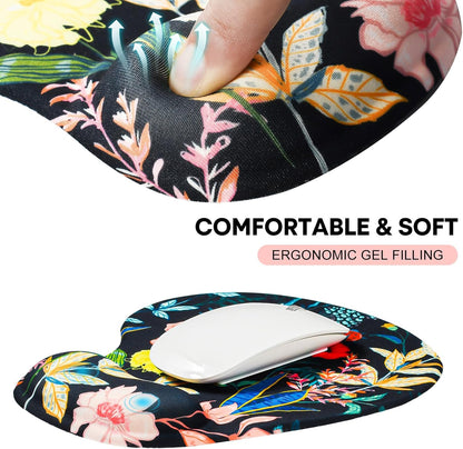JIKIOU Mouse Pad, 2 Pack Ergonomic Mouse Pads with Comfortable Gel Wrist Rest Support and Smooth Cloth, Non-Slip PU Base for Easy Typing Pain Relief Durable and Easy to Clean Small Black Flowers