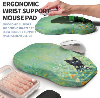 2-in-1 Ergonomic Set, Wave Keyboard Wrist Rest and Massage Slope Mouse Pad Wrist Support, Rebound Memory Foam for Relieve Carpal Tunnel Syndrome and Wrist Pain (Oil Painting Cats)