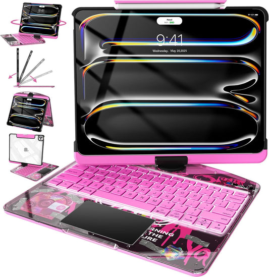 Intermerge Clear Keyboard Case for iPad Pro 13" (M4) 2024 Only, 360° Swivel Multi-Touch Trackpad, 7-Color RGB Backlit, Pencil Holder, Type-C, Power Indicator, Blush Pulse