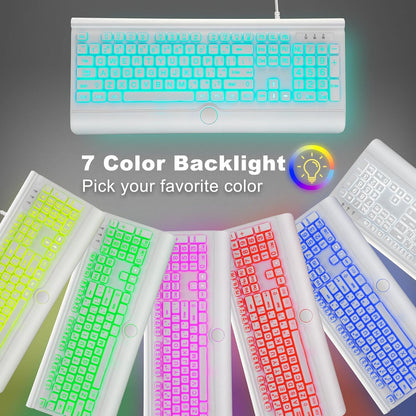 Large Print Backlit Computer Keyboard, USB Full Size Wired Keyboards with 7-Colors Backlight, Wrist Rest, Light Up Keyboard for Windows, PC, Laptop - Easy to See, Easy to Setup