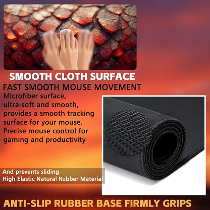 Desk Mat, Red Fire Dragon Scales Desk Pad, Cool Dragon Large Gaming Mouse Pad for Desk, 31.5"x15.7" Extended Big Computer Keyboard Mouse Pad with Non-Slip Base and Stitched Edge