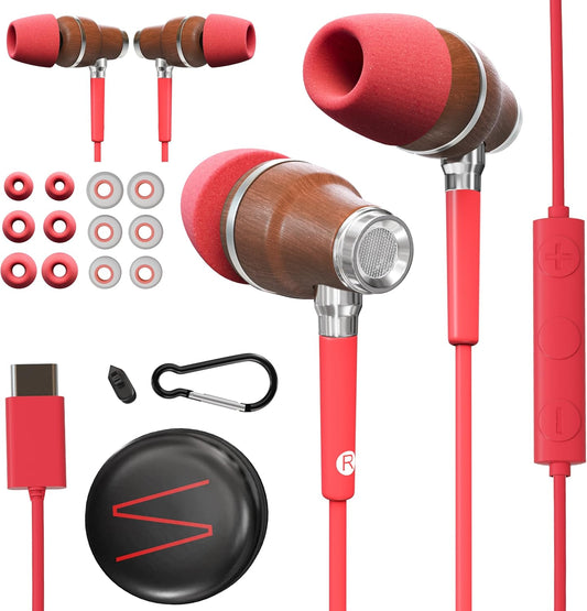 Symphonized Premium Wooden iPhone Earphones Wired (USB C) Deep Bass Sound, 3D Sound, Microphone Volume Control, 90% Noise Cancelling for Type C Devices. Earphones for iPhone 15 to 16 & Android