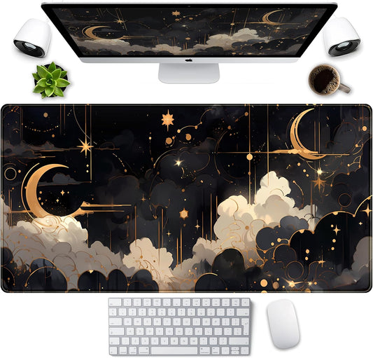 Black and Gold Celestial Desk Mat XXL Extended Gaming Mouse Pad Large Mousepad with Stitched Edges, Laptop Computer Keyboard Mouse Mat Desk Pad for Work Game Office Home Desk Decor 31.5x15.75 in