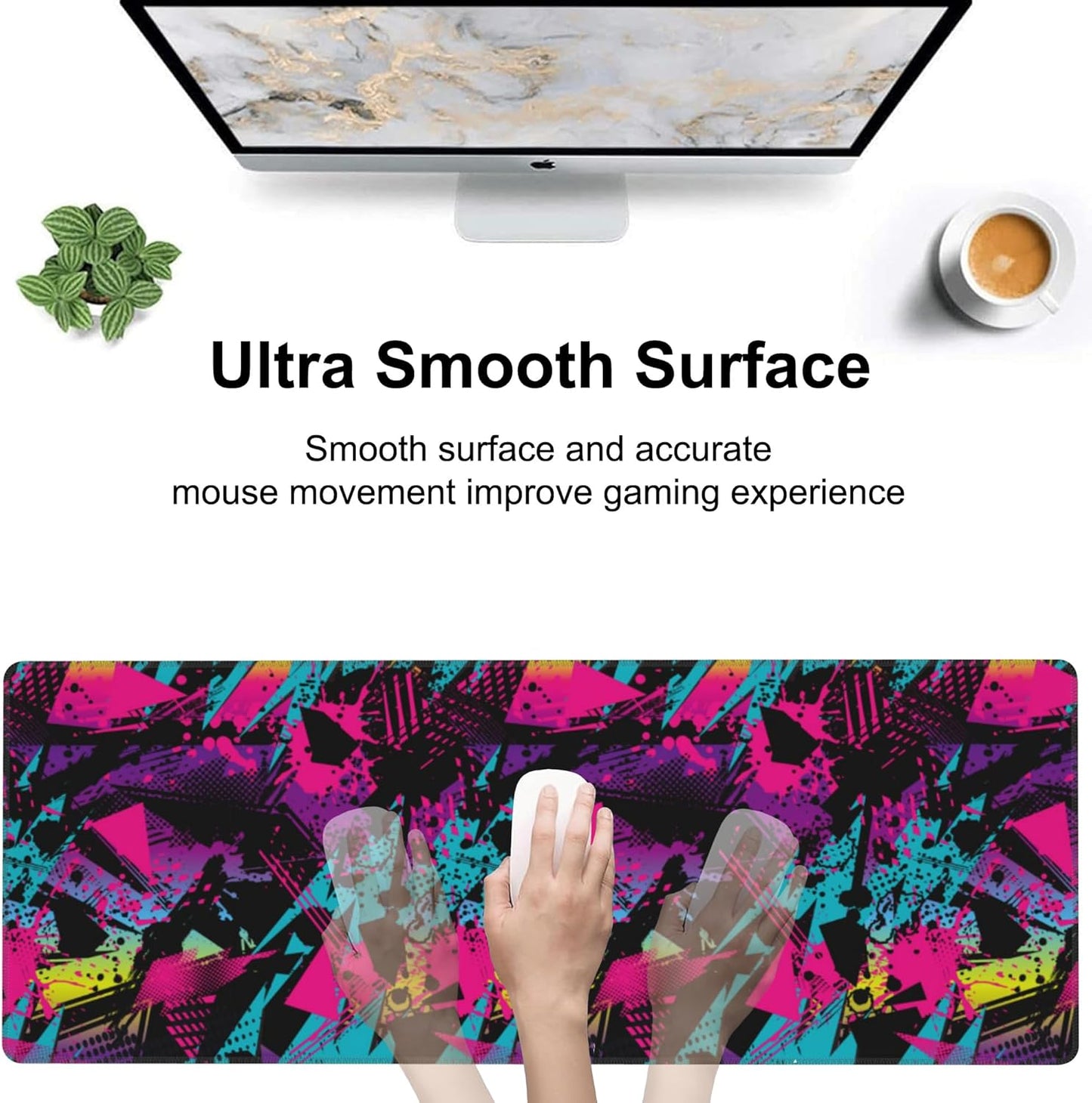 Abstract Grunge Elements Desk Mat,Large Neon Color Patterns Gaming Keyboard Mouse Pad,Non-Slip Rubber Base Desk Pad Thick Stitched Edges Waterproof Mousepad Mouse Mat 31.5"x11.8"