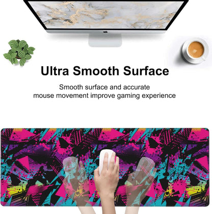 Abstract Grunge Elements Desk Mat,Large Neon Color Patterns Gaming Keyboard Mouse Pad,Non-Slip Rubber Base Desk Pad Thick Stitched Edges Waterproof Mousepad Mouse Mat 31.5"x11.8"