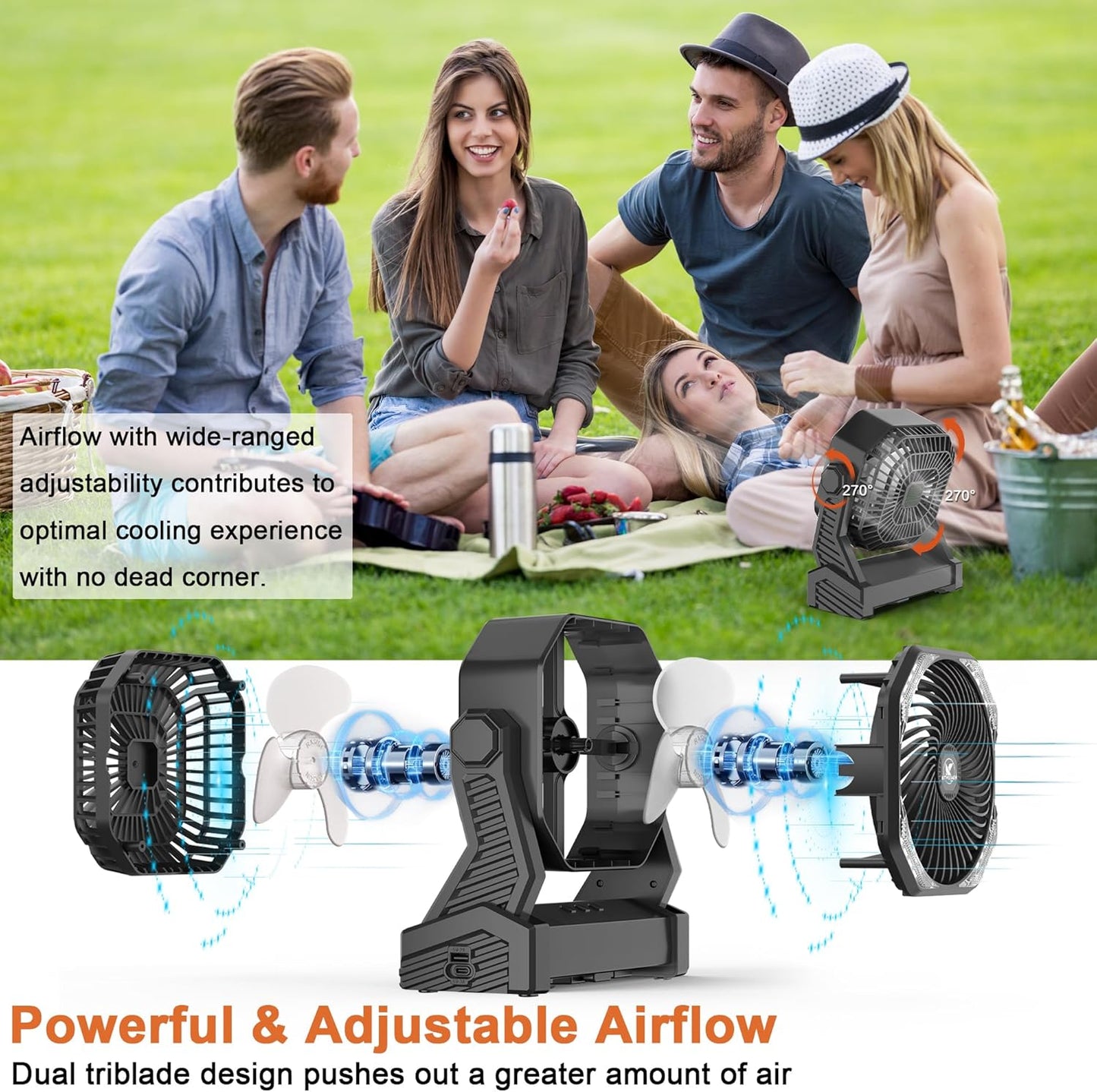 KITWLEMEN 20000mAh Battery Powered Camping Fan - 58H Max Cooling, Rechargeable Battery Operated Desk Fan with 4 Speeds, Bright Light & Hanging Hook, Portable for Tent Outdoor Hurricane Power Outage