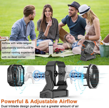 KITWLEMEN 20000mAh Battery Powered Camping Fan - 58H Max Cooling, Rechargeable Battery Operated Desk Fan with 4 Speeds, Bright Light & Hanging Hook, Portable for Tent Outdoor Hurricane Power Outage