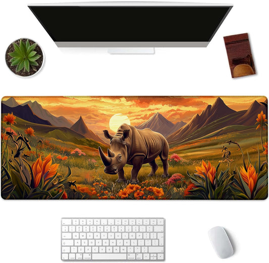 Rhino Gaming Mouse Pad, Sunset Floral and Wildlife Mousepads for Gaming Home Office Work, Extended Mats Computer Keyboard Laptop, 31.5×11.8 Inch Large Desk Mat with Non-Slip Rubber Base