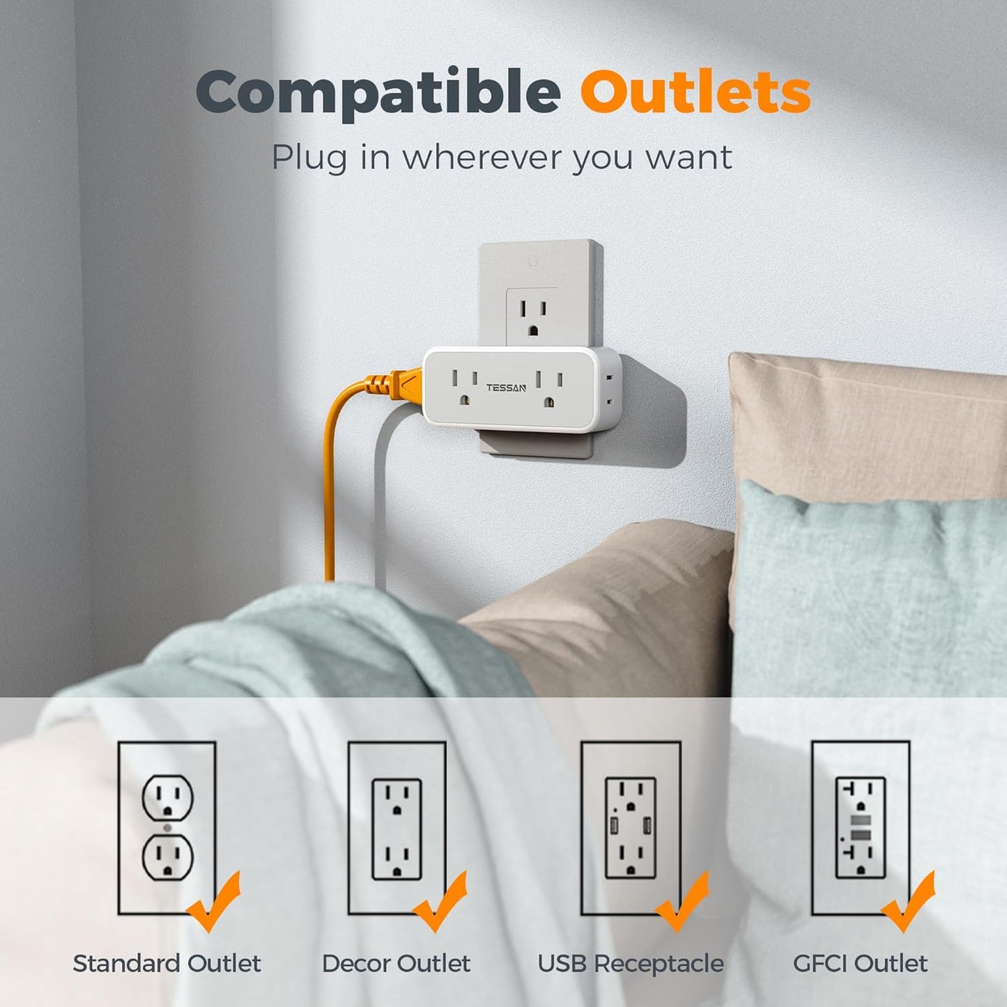 Outlet Extender Surge Protector, TESSAN Multi Wall Plug with 4 AC Electrical Outlets, 3 Sided Multiple Plug Expander, 1875W Max, Power Splitter 3 Prong Adapter for Home Bathroom Office Dorm Room